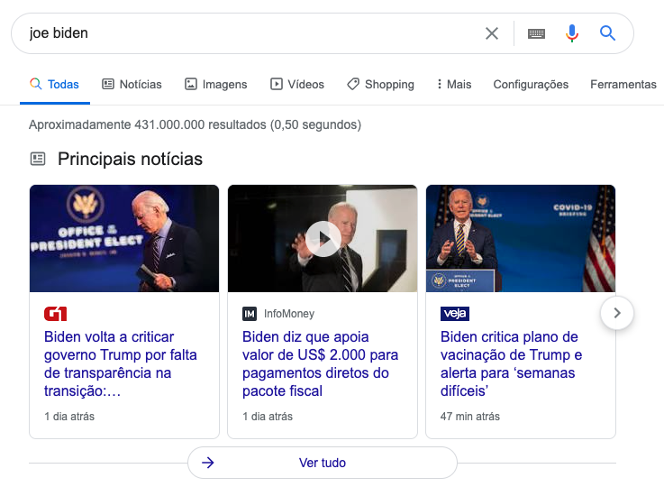Exemplo de Snippet Top Stories do Google